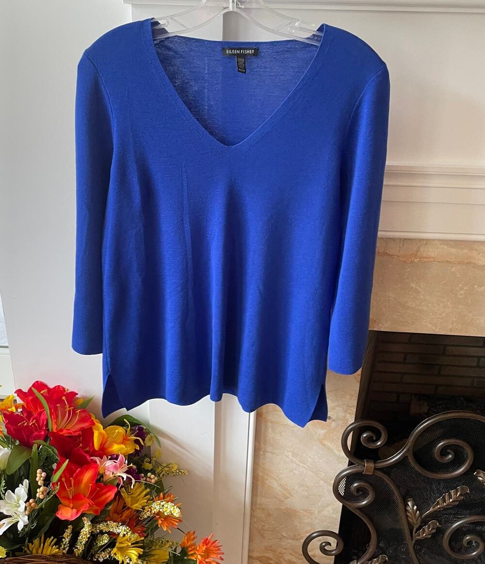 Eileen Fisher Royal Blue V-Neck Merino Wool Long Sleeve Sweater Sz S
